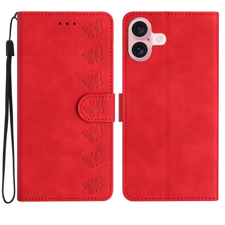 For iPhone 17 Seven Butterflies Embossed Leather Phone Case(Red)