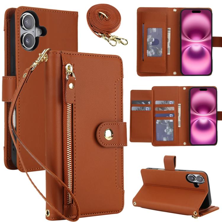 For iPhone 17 Seven Card Slots Zipper Wallet Leather Phone Case with Lanyard(Brown)
