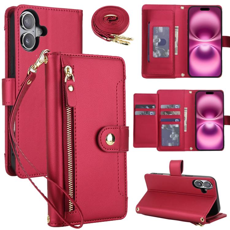 For iPhone 17 Seven Card Slots Zipper Wallet Leather Phone Case with Lanyard(Red)