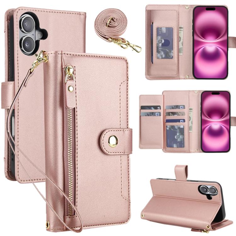 For iPhone 17 Seven Card Slots Zipper Wallet Leather Phone Case with Lanyard(Rose Gold)