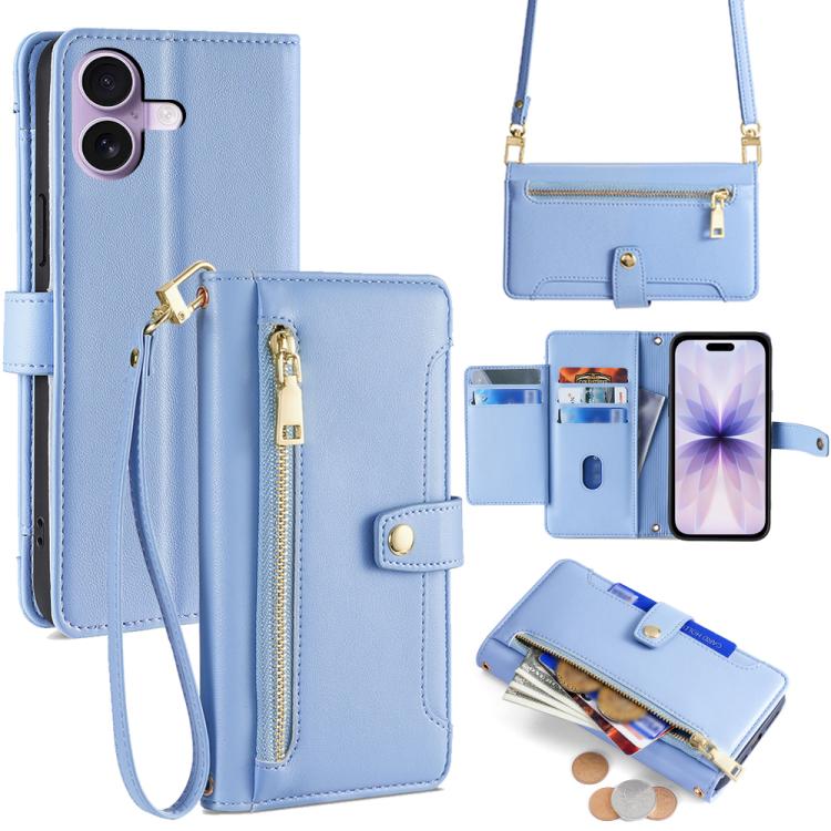 For iPhone 17 Sheep Texture Cross-body Zipper Wallet Leather Phone Case(Blue)