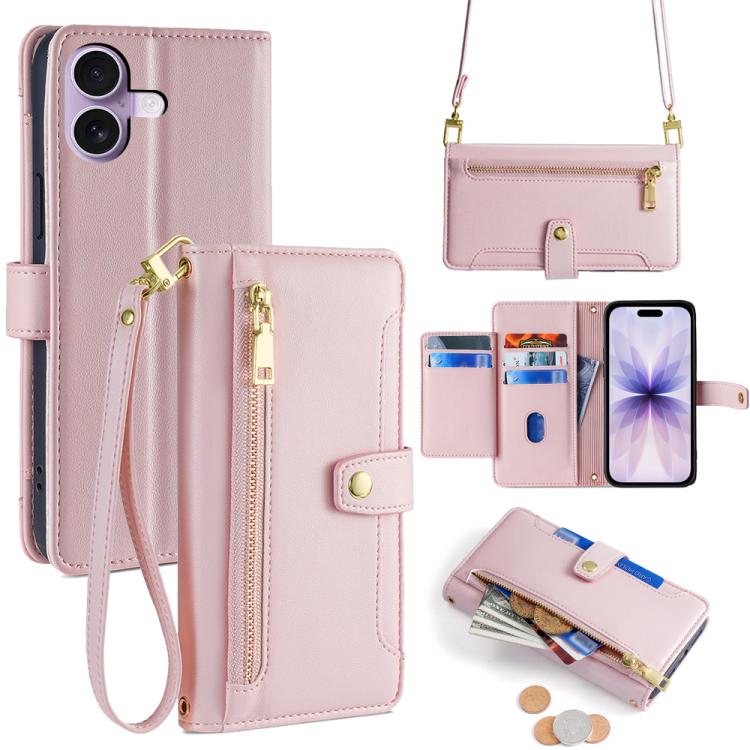 For iPhone 17 Sheep Texture Cross-body Zipper Wallet Leather Phone Case(Pink)