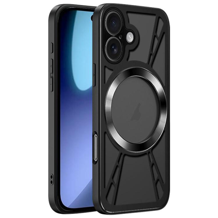 For iPhone 17 Silicone Cooling Hollow Metal MagSafe Phone Case(Black)