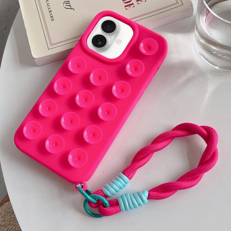For iPhone 17 Simple Suction Cup Silicone Phone Case with Lanyard(Rose Red)
