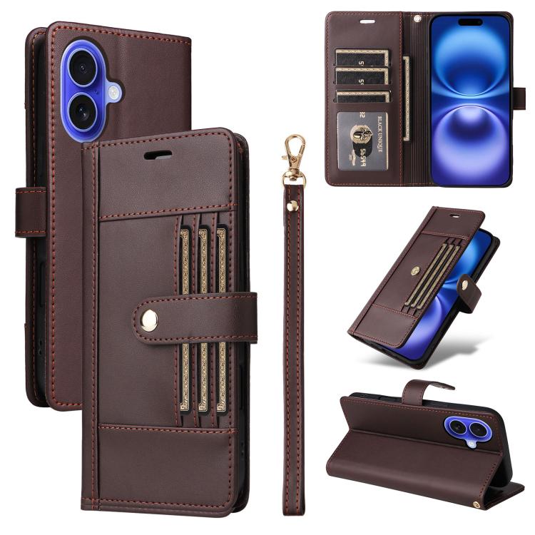 For iPhone 17 Six Card Slots Buckle Leather Phone Case with Lanyard(Coffee)