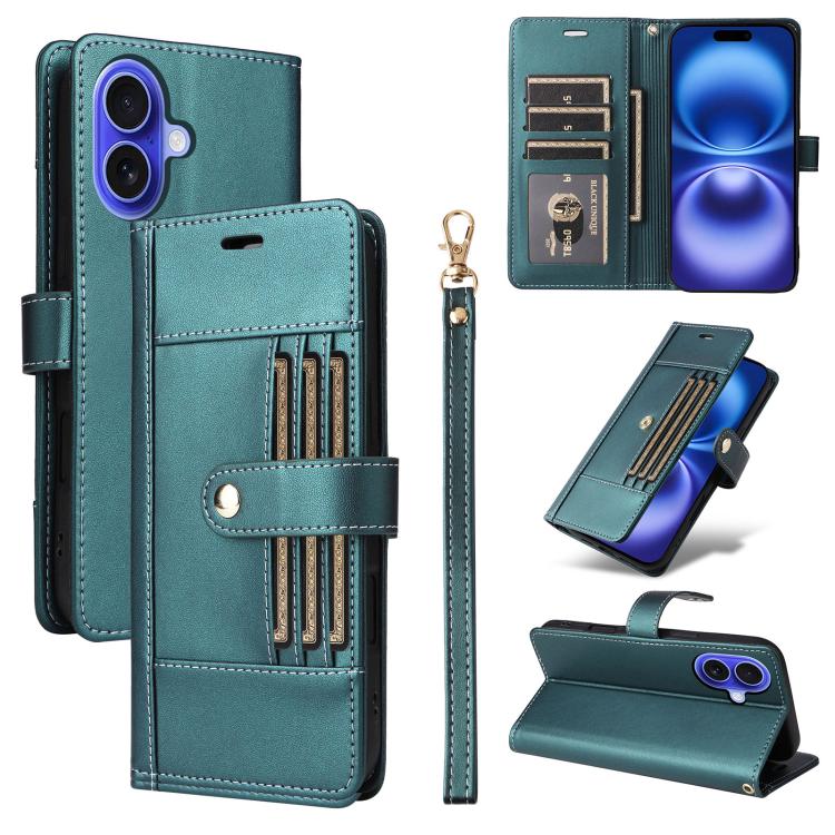 For iPhone 17 Six Card Slots Buckle Leather Phone Case with Lanyard(Green)