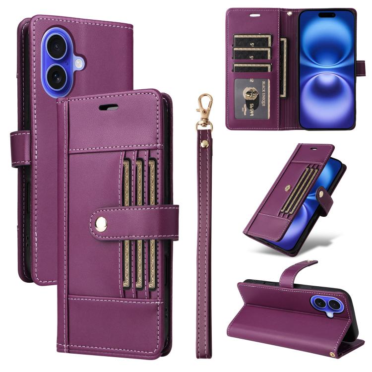 For iPhone 17 Six Card Slots Buckle Leather Phone Case with Lanyard(Purple)
