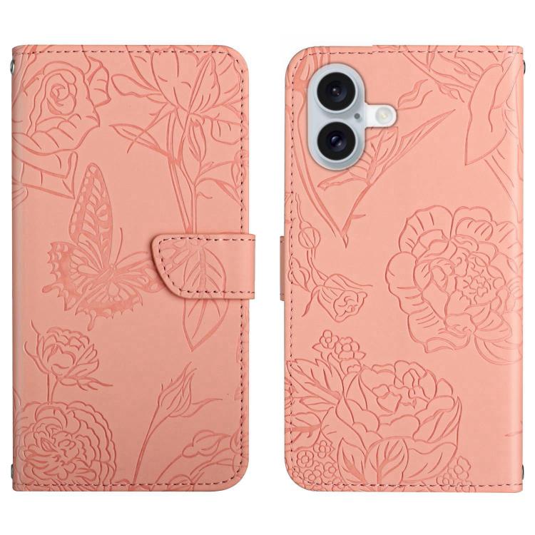 For iPhone 17 Skin Feel Butterfly Embossed Flip Leather Phone Case(Pink)