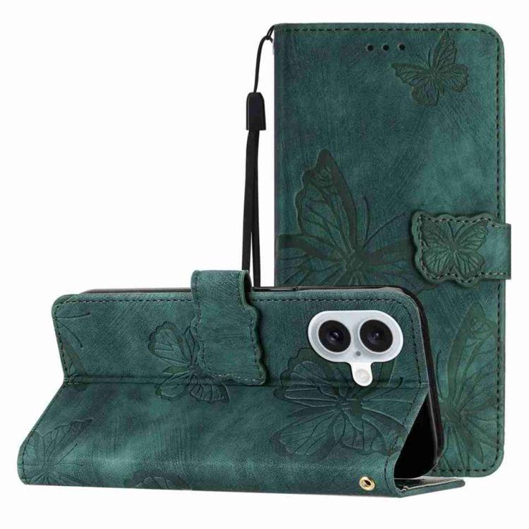 For iPhone 17 Skin-feel Embossed Butterfly Leather Phone Case(Green)