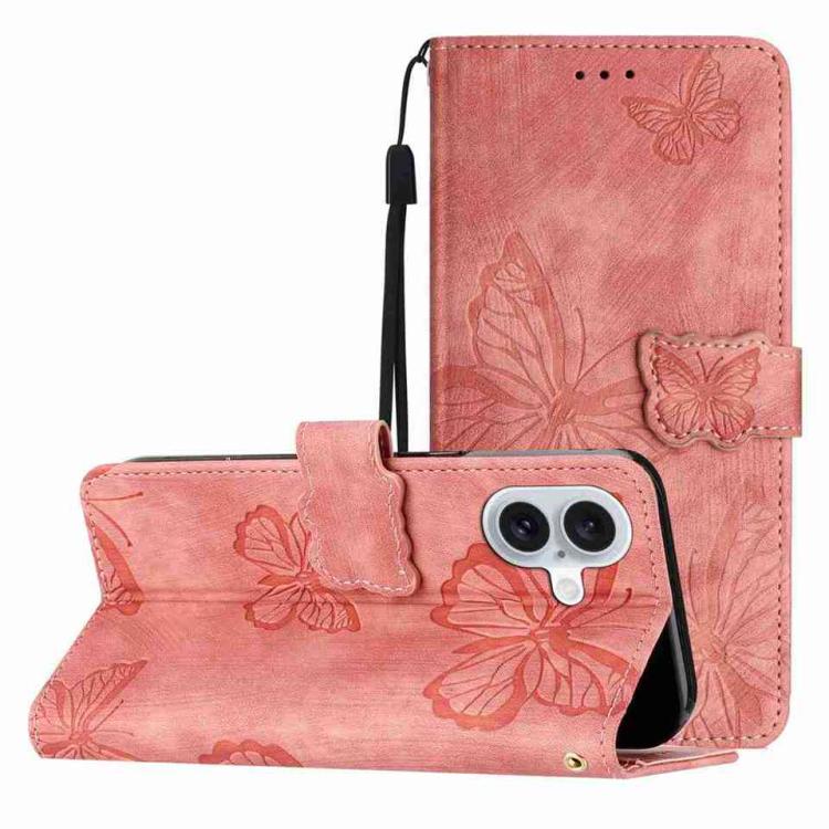 For iPhone 17 Skin-feel Embossed Butterfly Leather Phone Case(Pink)