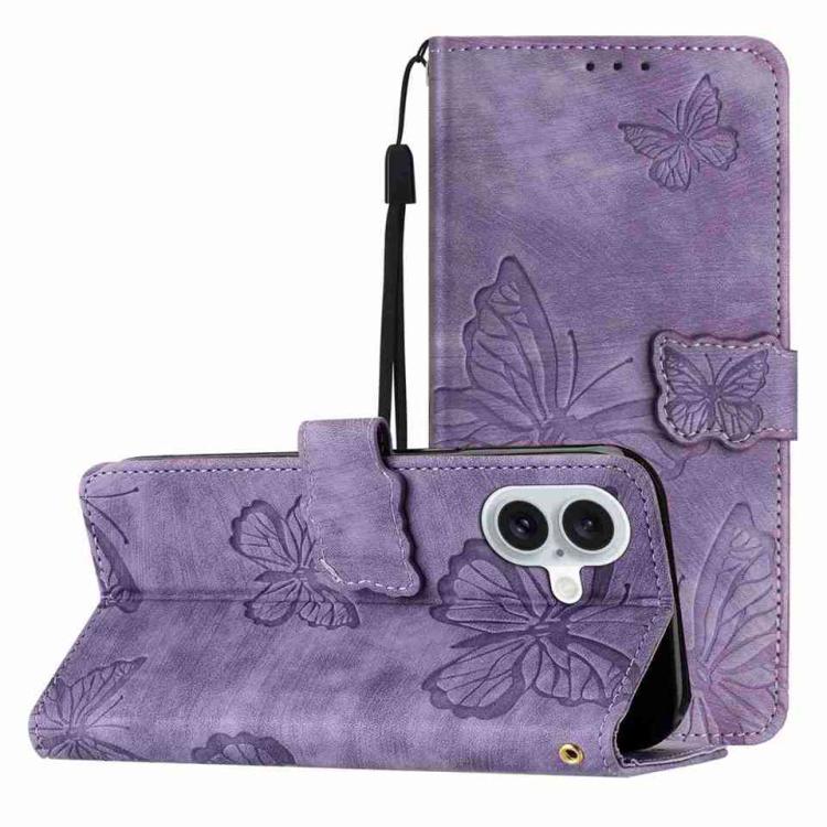 For iPhone 17 Skin-feel Embossed Butterfly Leather Phone Case(Purple)