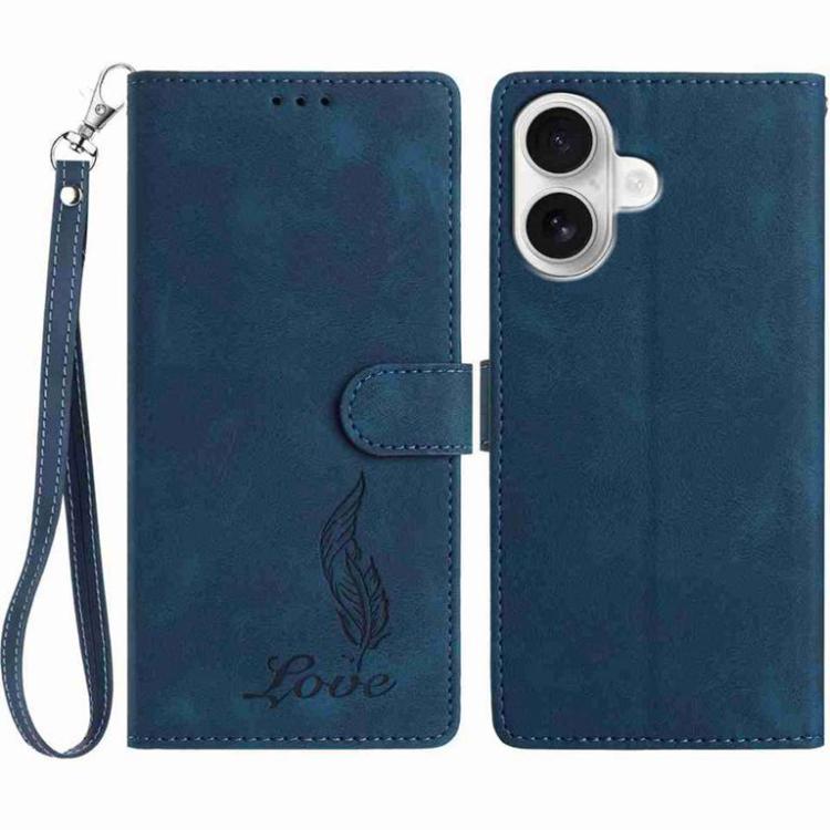 For iPhone 17 Skin Feel Embossed Feather Leather Phone Case(Dark Blue)