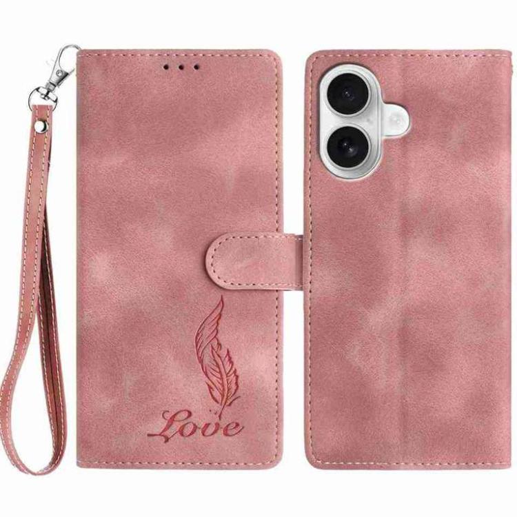 For iPhone 17 Skin Feel Embossed Feather Leather Phone Case(Pink)