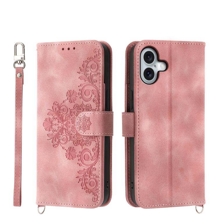 For iPhone 17 Skin-feel Flowers Embossed Wallet Leather Phone Case(Pink)