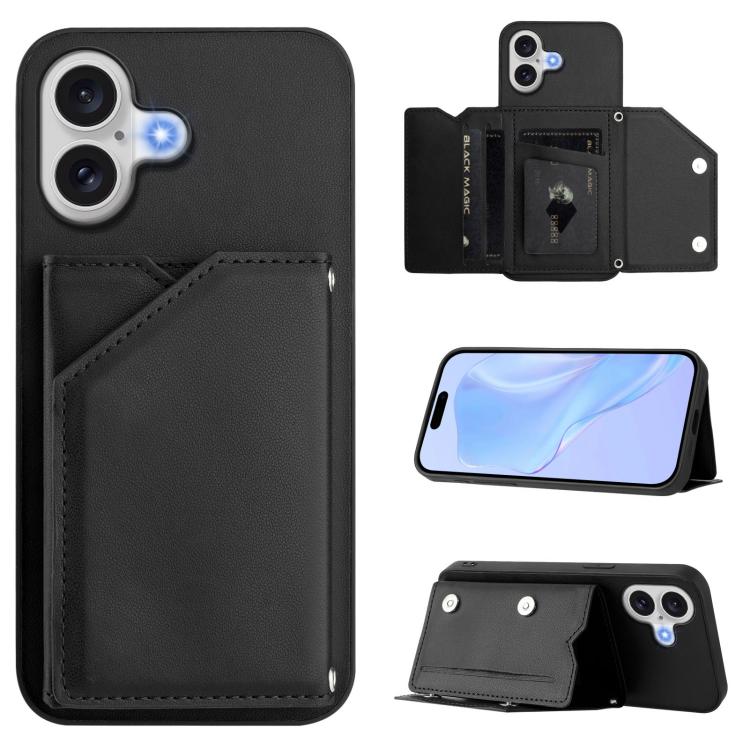 For iPhone 17 Skin Feel Four Card Slots Phone Case with Wrist Strap(Black)