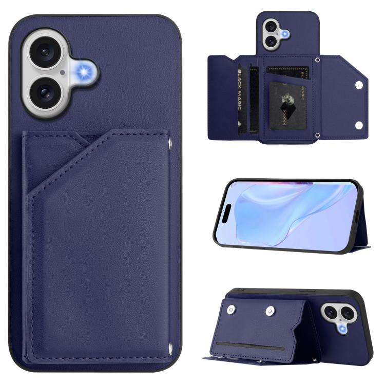 For iPhone 17 Skin Feel Four Card Slots Phone Case with Wrist Strap(Blue)