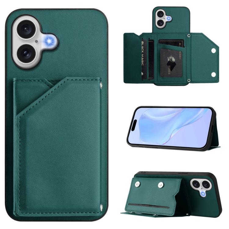 For iPhone 17 Skin Feel Four Card Slots Phone Case with Wrist Strap(Green)
