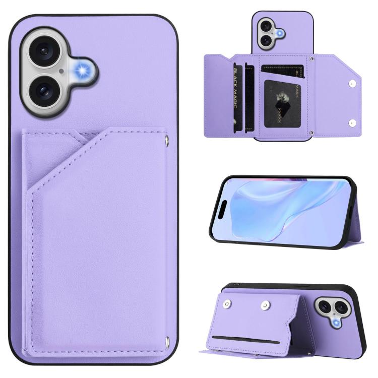 For iPhone 17 Skin Feel Four Card Slots Phone Case with Wrist Strap(Purple)