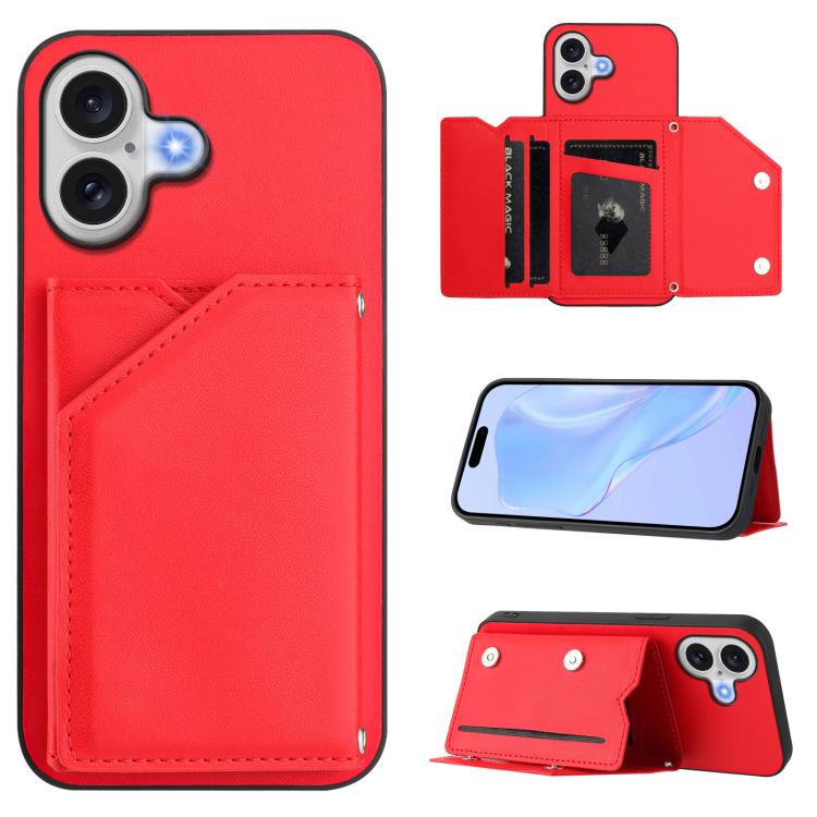 For iPhone 17 Skin Feel Four Card Slots Phone Case with Wrist Strap(Red)
