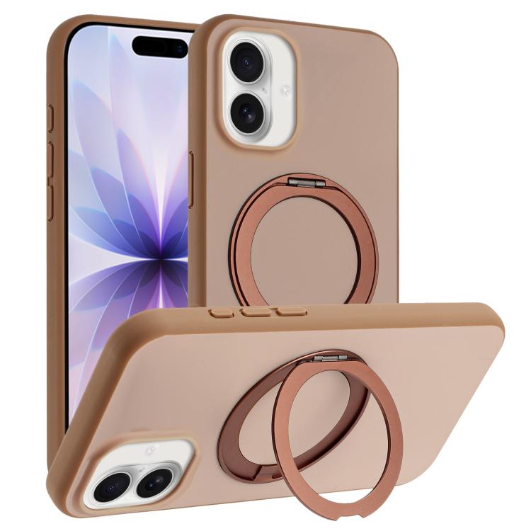For iPhone 17 Skin Feel Frosted 360 Degree Rotation Holder Magnetic Phone Case(Brown)