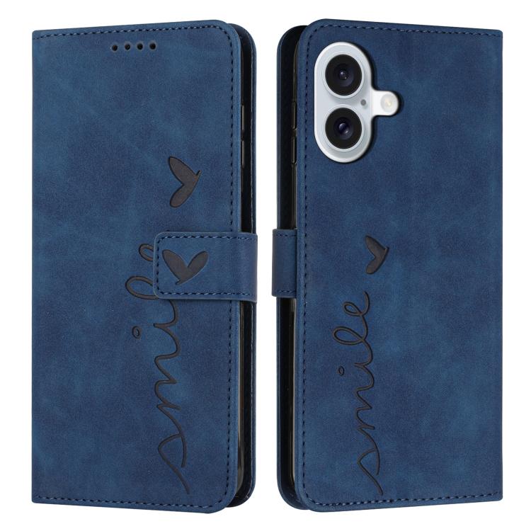 For iPhone 17 Skin Feel Heart Embossed Leather Phone Case with Long Lanyard(Blue)