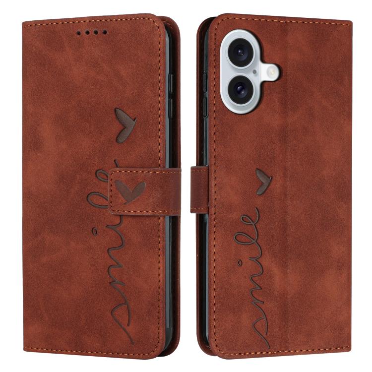 For iPhone 17 Skin Feel Heart Embossed Leather Phone Case with Long Lanyard(Brown)