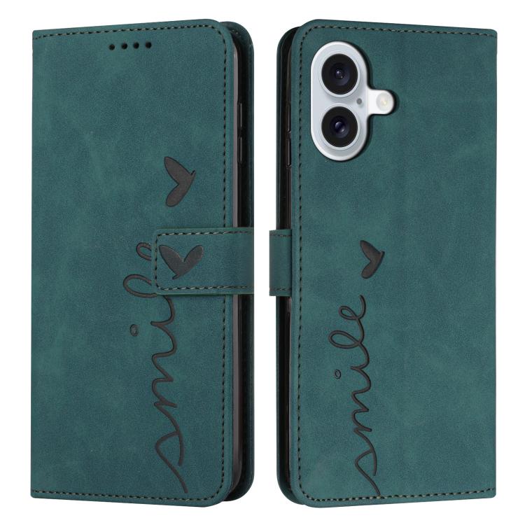 For iPhone 17 Skin Feel Heart Embossed Leather Phone Case with Long Lanyard(Green)