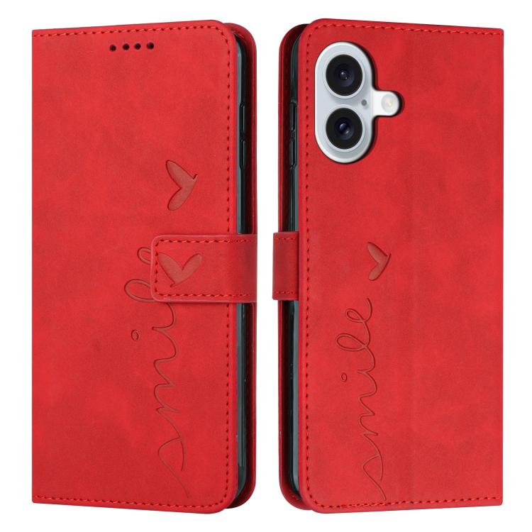 For iPhone 17 Skin Feel Heart Embossed Leather Phone Case with Long Lanyard(Red)