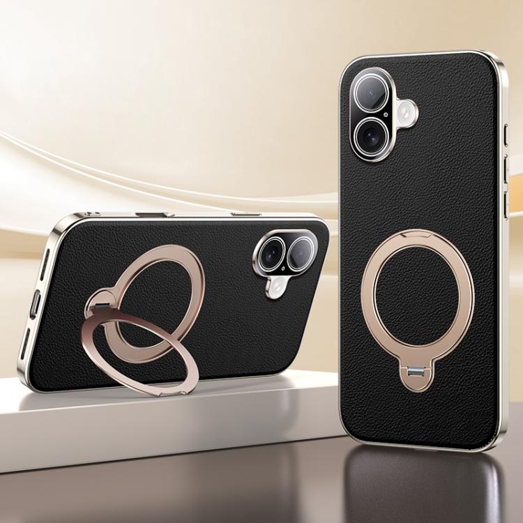For iPhone 17 Skin Feel Leather Texture Cooling MagSafe Phone Case with 360 Degrees Rotating Holder(Black)