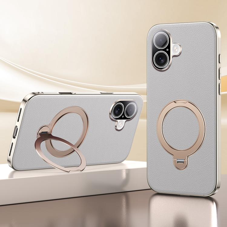 For iPhone 17 Skin Feel Leather Texture Cooling MagSafe Phone Case with 360 Degrees Rotating Holder(Grey)