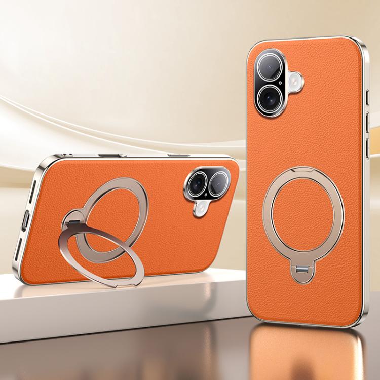 For iPhone 17 Skin Feel Leather Texture Cooling MagSafe Phone Case with 360 Degrees Rotating Holder(Orange)