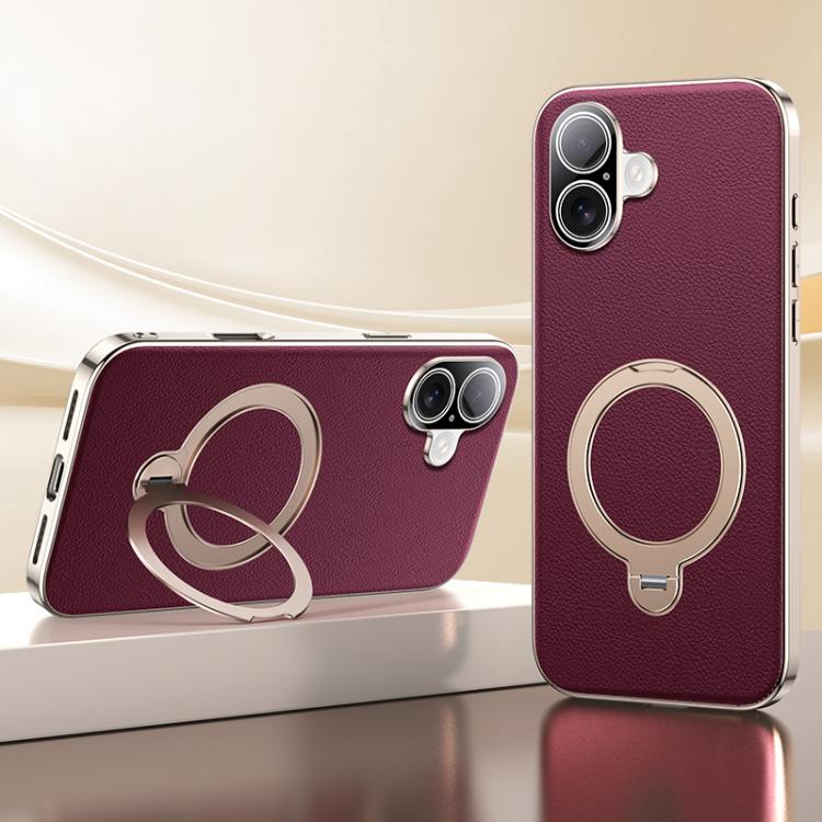 For iPhone 17 Skin Feel Leather Texture Cooling MagSafe Phone Case with 360 Degrees Rotating Holder(Red)