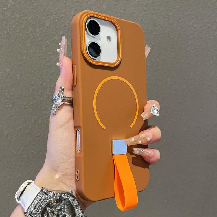 For iPhone 17 Skin-feel Magnetic TPU Phone Case with Silicone Strap(Brown)