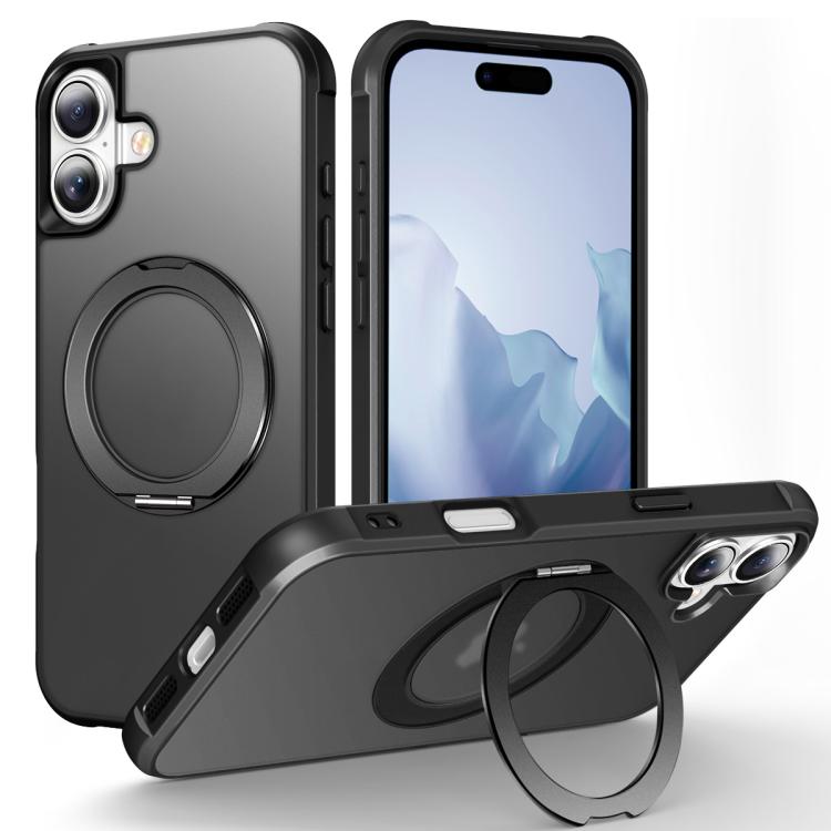 For iPhone 17 Skin-Feel Rotary Damping Bracket MagSafe Phone Case(Black)