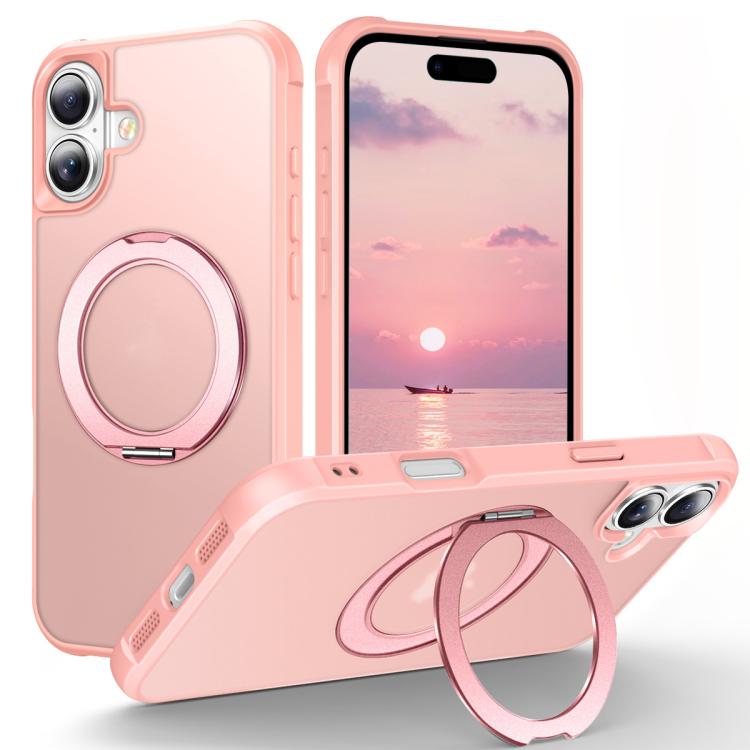 For iPhone 17 Skin-Feel Rotary Damping Bracket MagSafe Phone Case(Pink)