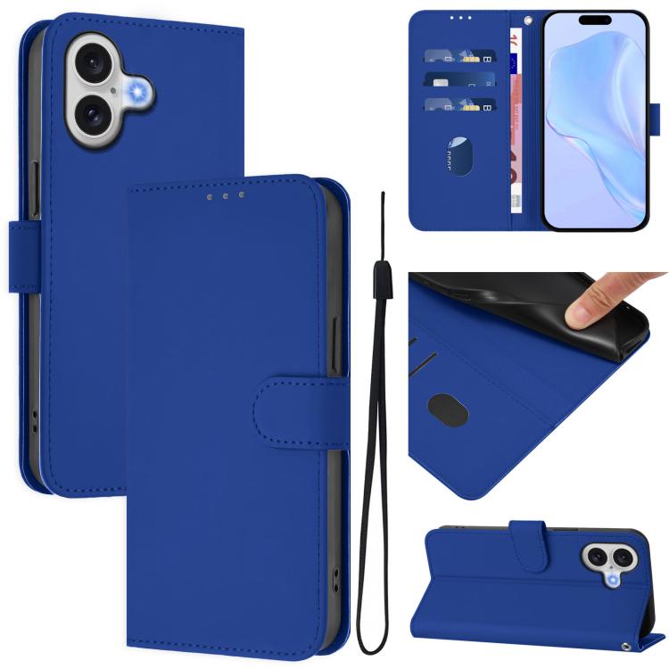 For iPhone 17 Skin Feel Solid Color Leather Phone Case with Lanyard(Dark Blue)