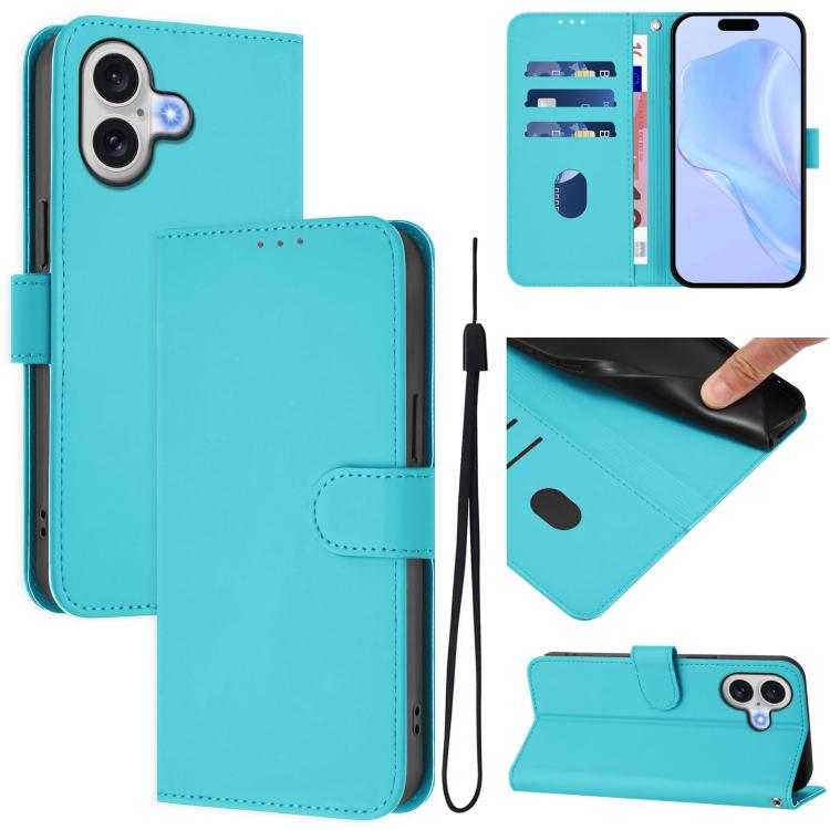 For iPhone 17 Skin Feel Solid Color Leather Phone Case with Lanyard(Lake Blue)