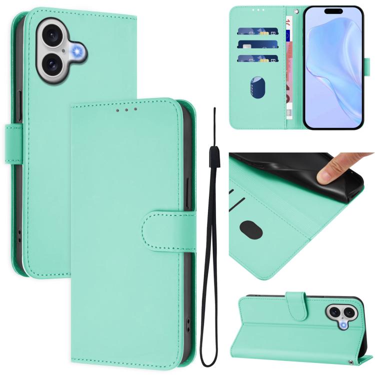 For iPhone 17 Skin Feel Solid Color Leather Phone Case with Lanyard(Mint Green)