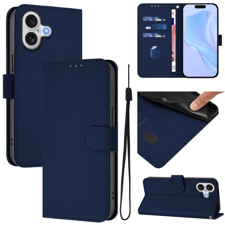 For iPhone 17 Skin Feel Solid Color Leather Phone Case with Lanyard(Navy Blue)
