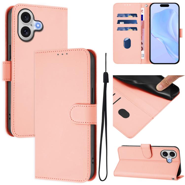 For iPhone 17 Skin Feel Solid Color Leather Phone Case with Lanyard(Pink)
