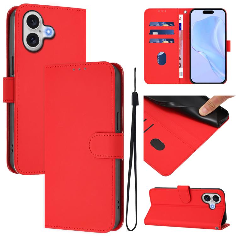 For iPhone 17 Skin Feel Solid Color Leather Phone Case with Lanyard(Red)