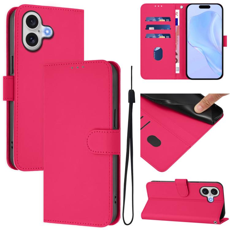For iPhone 17 Skin Feel Solid Color Leather Phone Case with Lanyard(Rose Red)