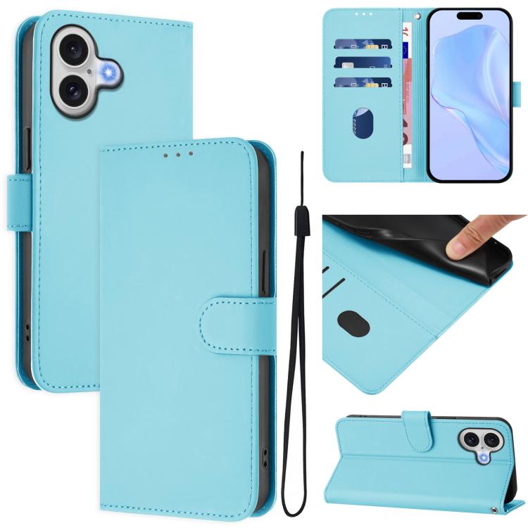 For iPhone 17 Skin Feel Solid Color Leather Phone Case with Lanyard(Sky Blue)