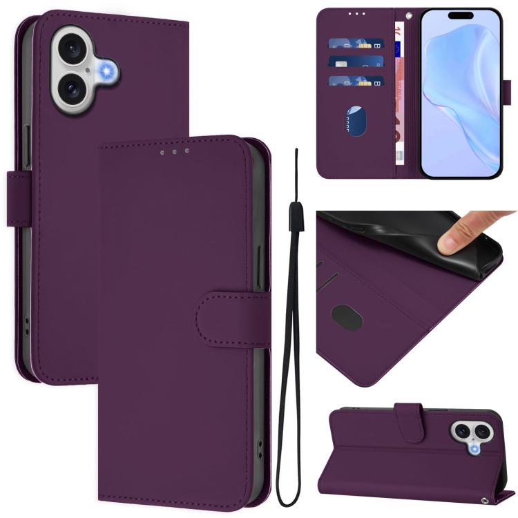 For iPhone 17 Skin Feel Solid Color Leather Phone Case with Lanyard(Violet)