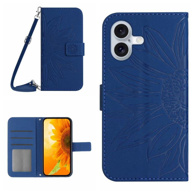 For iPhone 17 Skin Feel Sun Flower Embossed Flip Leather Phone Case with Lanyard(Dark Blue)