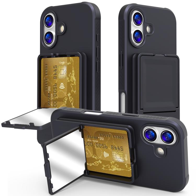 For iPhone 17 Skin Feel TPU Hidden Mirror Card Bag Phone Case with Stand(Black)