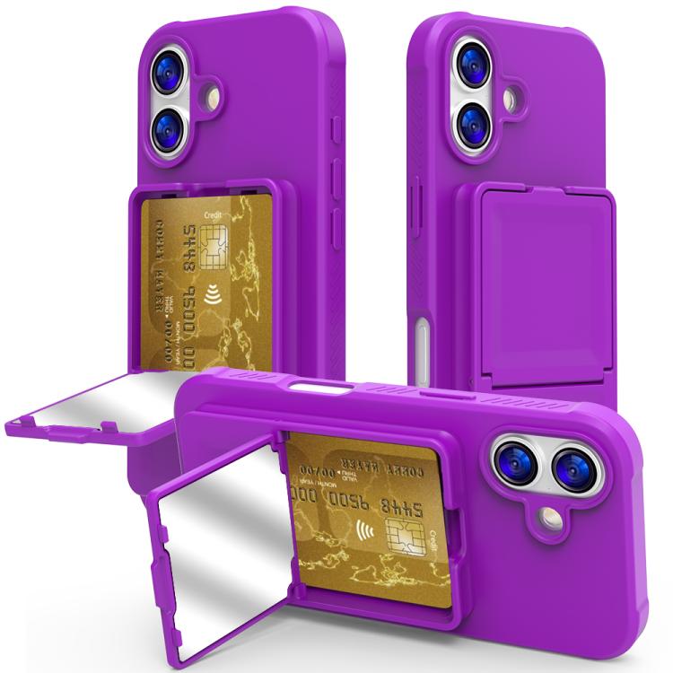 For iPhone 17 Skin Feel TPU Hidden Mirror Card Bag Phone Case with Stand(Dark Purple)