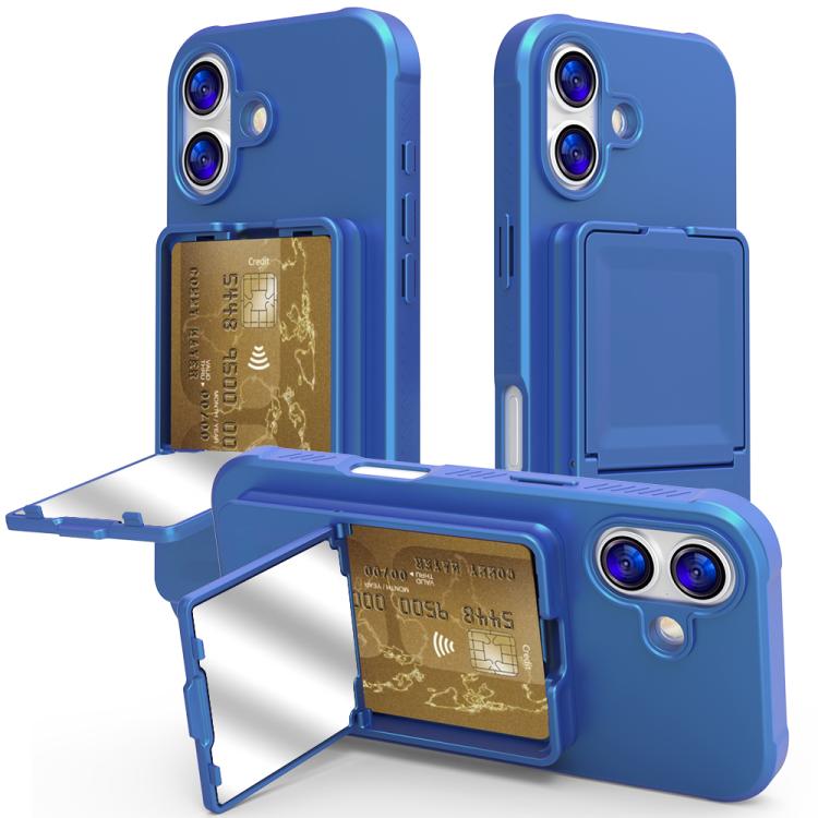For iPhone 17 Skin Feel TPU Hidden Mirror Card Bag Phone Case with Stand(Navy Blue)