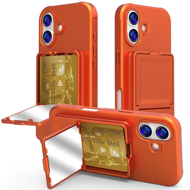 For iPhone 17 Skin Feel TPU Hidden Mirror Card Bag Phone Case with Stand(Orange)