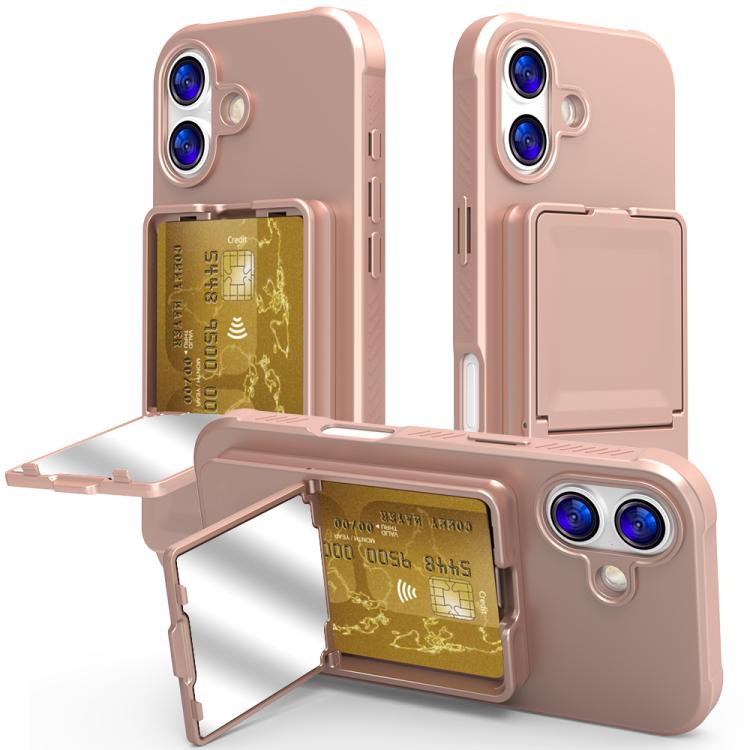 For iPhone 17 Skin Feel TPU Hidden Mirror Card Bag Phone Case with Stand(Rose Gold)